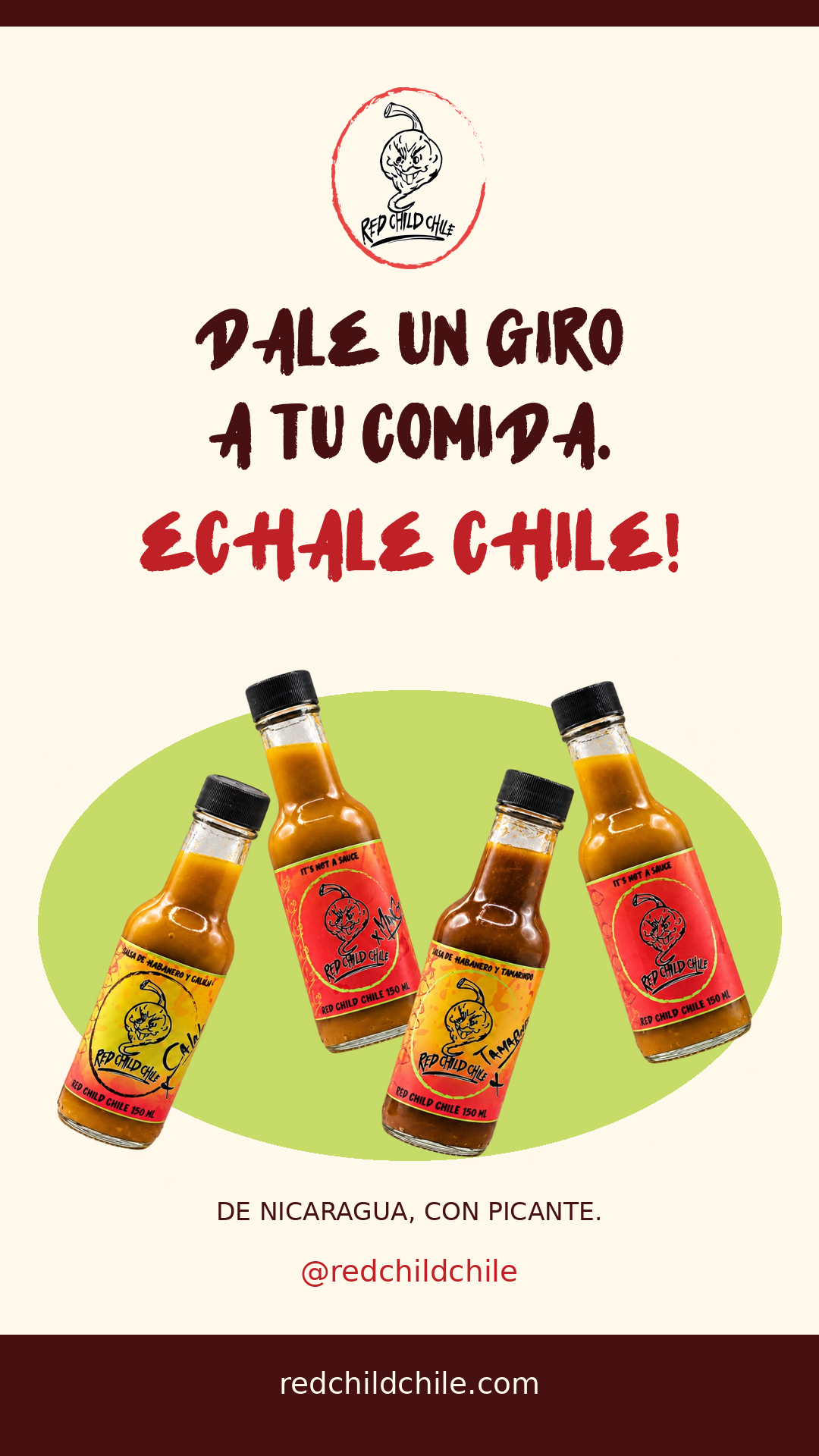 Tarjeta para Instagram Stories de Red Child Chile con las cuatro salsas y el mensaje: Dale un giro a tu comida. ¡Echale chile!