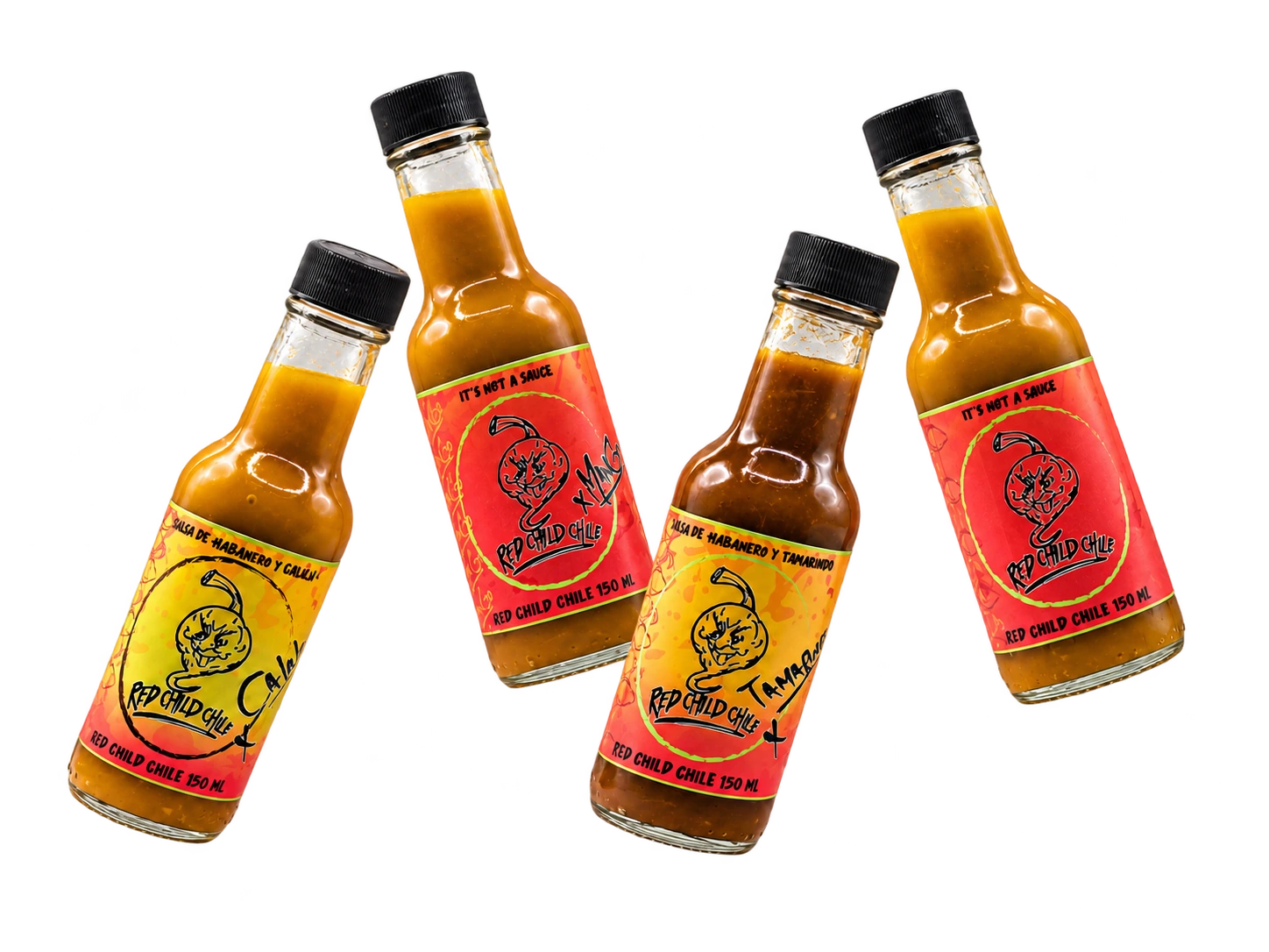Las cuatro salsas Red Child Chile: Calala, Mango, Tamarindo y Habanero Clásico, flotando sobre sus sombras.